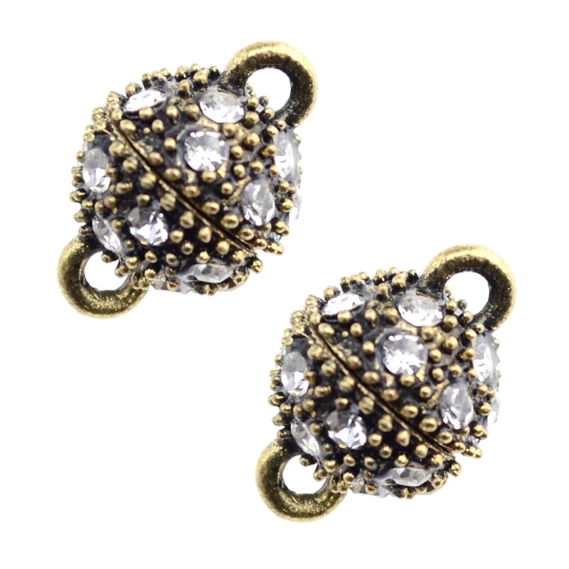 Zwei antikbronze-farbene Magnetverschlüsse mit Strass, Kugelform 16×10 mm – für glanzvolle DIY-Schmuckstücke