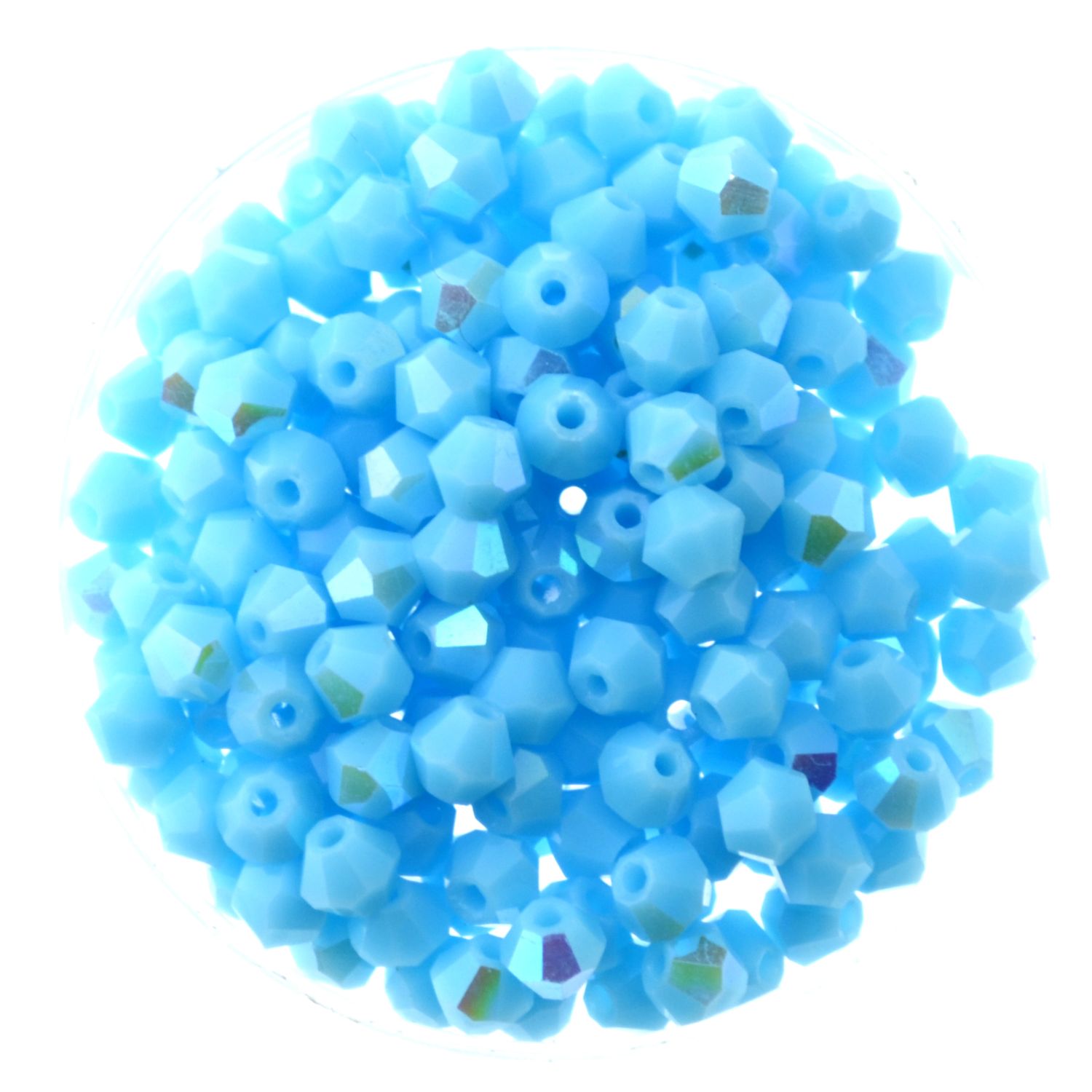 Himmelblaue Doppelkegel-Kristallglasperlen mit AB-Effekt – 4 mm, 40 Stück im Runddöschen