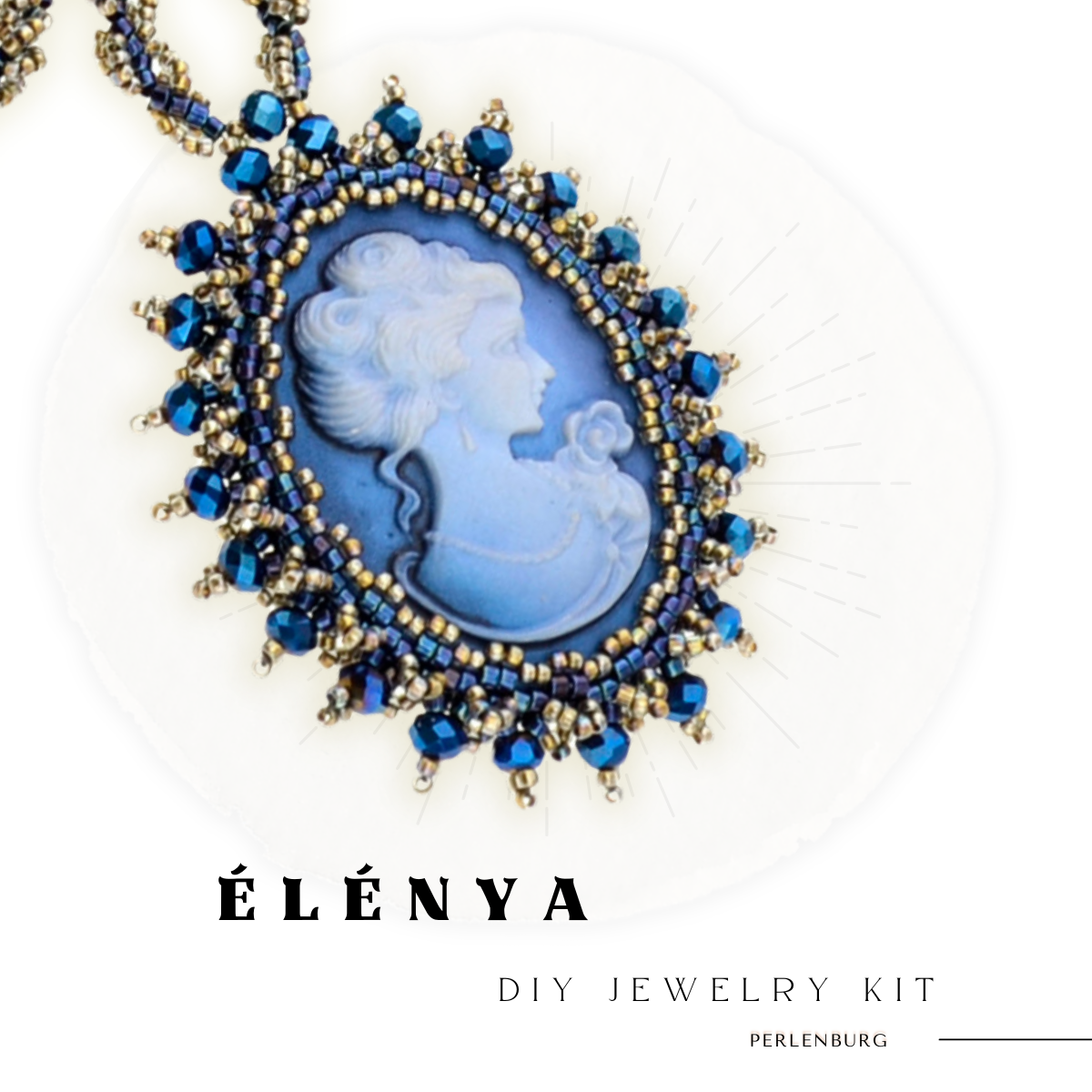DIY-Schmuckset „Élénya“ – blauer Cabochon-Anhänger im viktorianischen Stil mit goldblauen Perlen