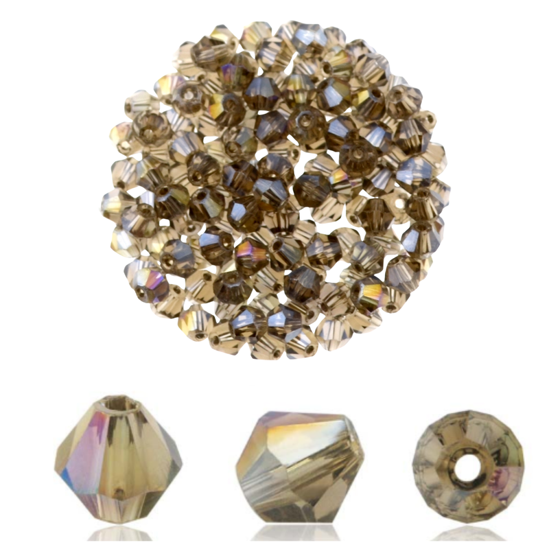 Doppelkegel-Kristallglasperlen –Grau AB-Effekt, 4 mm (40 Stück) Champagnerfarbene Kristallglasperlen mit AB-Effekt im Doppelkegel-Schliff, 4 mm – 40 Stück für DIY-Schmuck