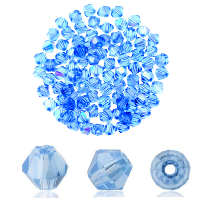 Doppelkegel-Kristallglasperlen – Hellblau, 4 mm I 40 Stück Hellblaue Kristallglasperlen im Doppelkegel-Schliff, 4 mm – 40 Stück mit AB-Effekt für DIY-Schmuck