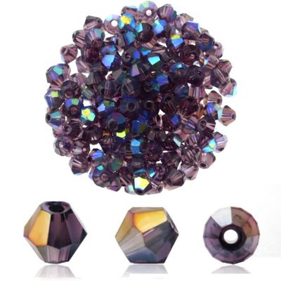 Doppelkegel-Kristallglasperlen in Purple mit AB-Effekt, facettiert – 4 mm, 40 Stück