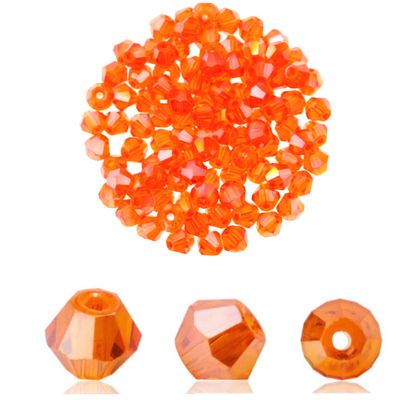 Doppelkegel-Kristallglasperlen – Orange AB-Effekt, 4 mm I 40 Stück Orangefarbene Kristallglasperlen im Doppelkegel-Schliff, 4 mm – 40 Stück mit AB-Effekt für Schmuck basteln