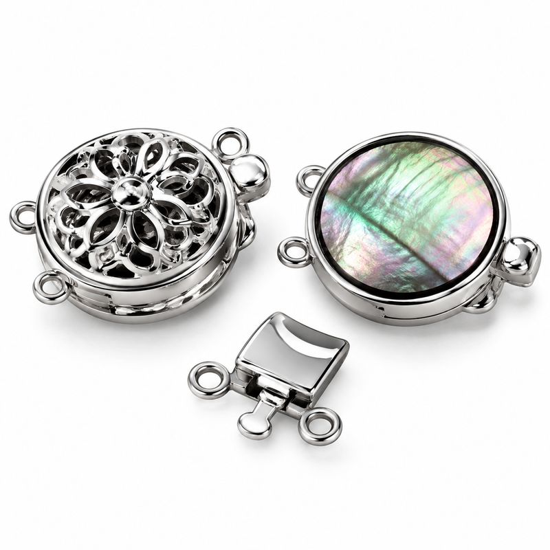 Schwarzer Klappverschluss mit Metallösen, flach rund, grau/ 1 Stück Schwarzer Klappverschluss mit Metallösen, flach rund, grau/ 1 Stück