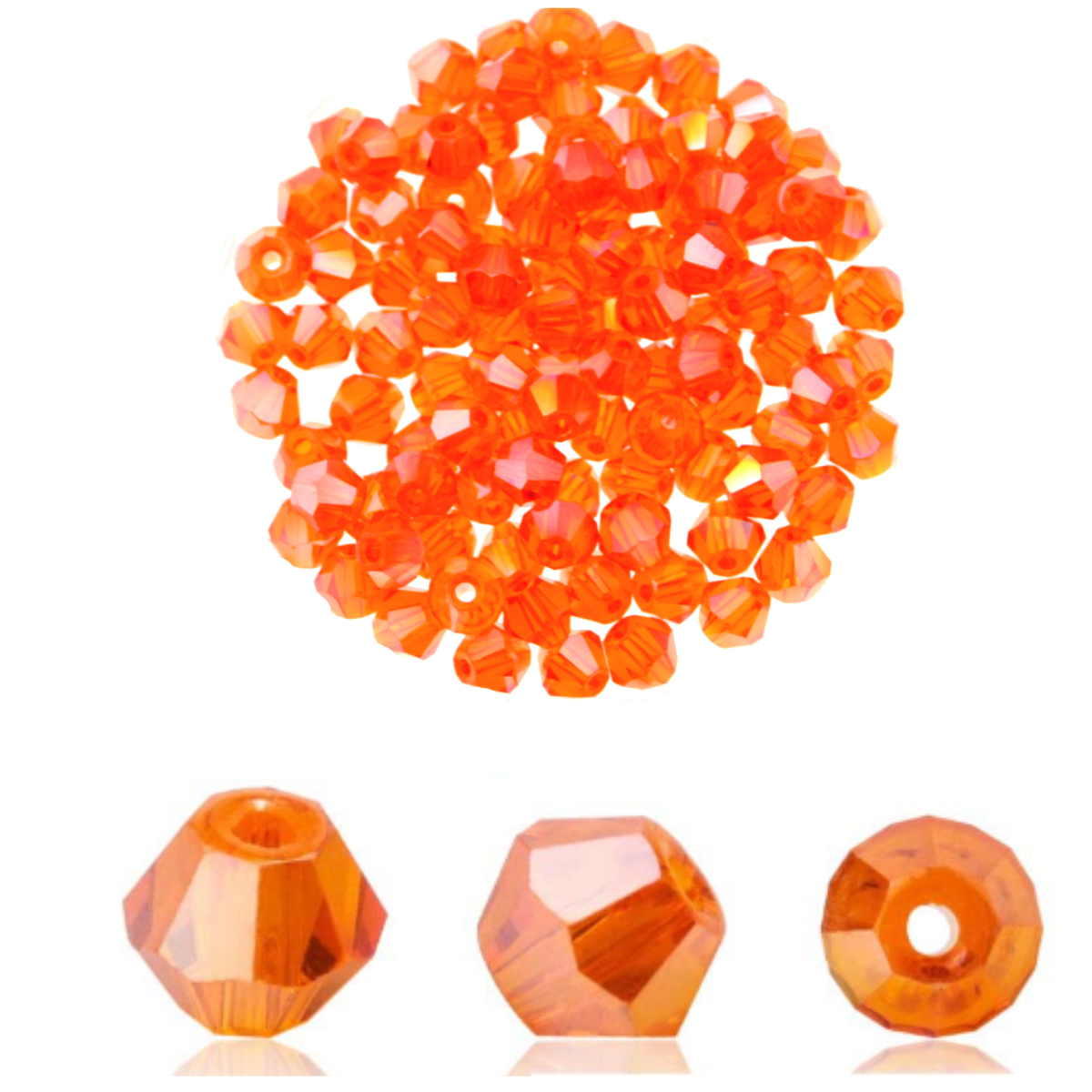 Orangefarbene Kristallglasperlen im Doppelkegel-Schliff, 4 mm – 40 Stück mit AB-Effekt für Schmuck basteln 
