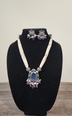 German silver look alike short necklace set with monalisa stones