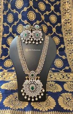 Diamond Finish Short Necklace Set PremiumQuality- Emerald Stone - Comes With Back Chain
