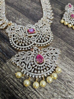 Bridal - Diamond Finish Long Necklace Set PremiumQuality- Comes With Back Chain