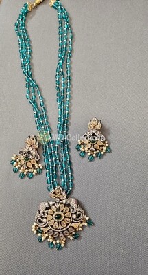 Teal Monalisa Beads Necklace Set with Victorian pendent