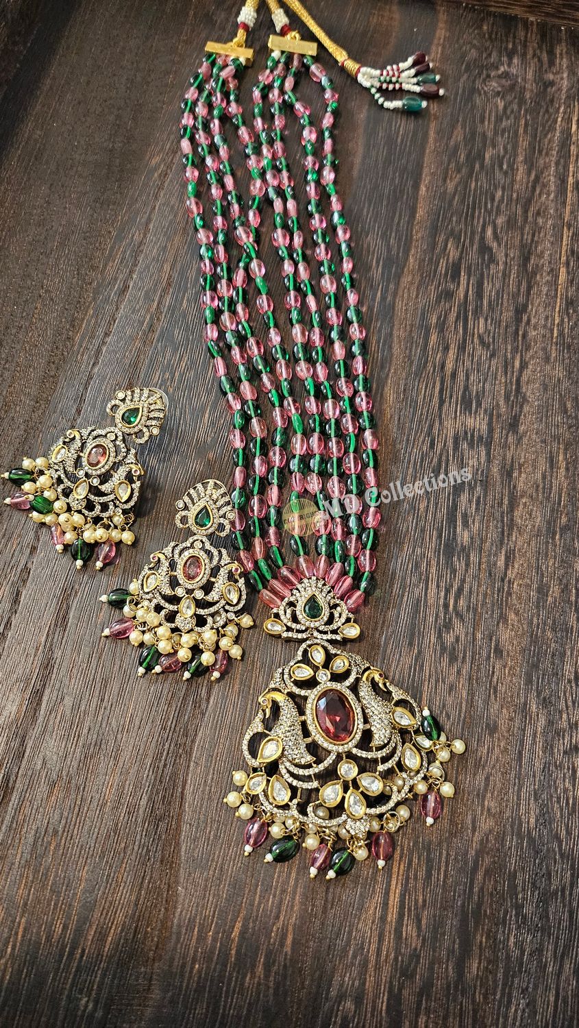 Semi precious Monalisa beads mala set with Victorian Finish Pendent/ Indian Jewlery Set/Party wear set/Green and Pink