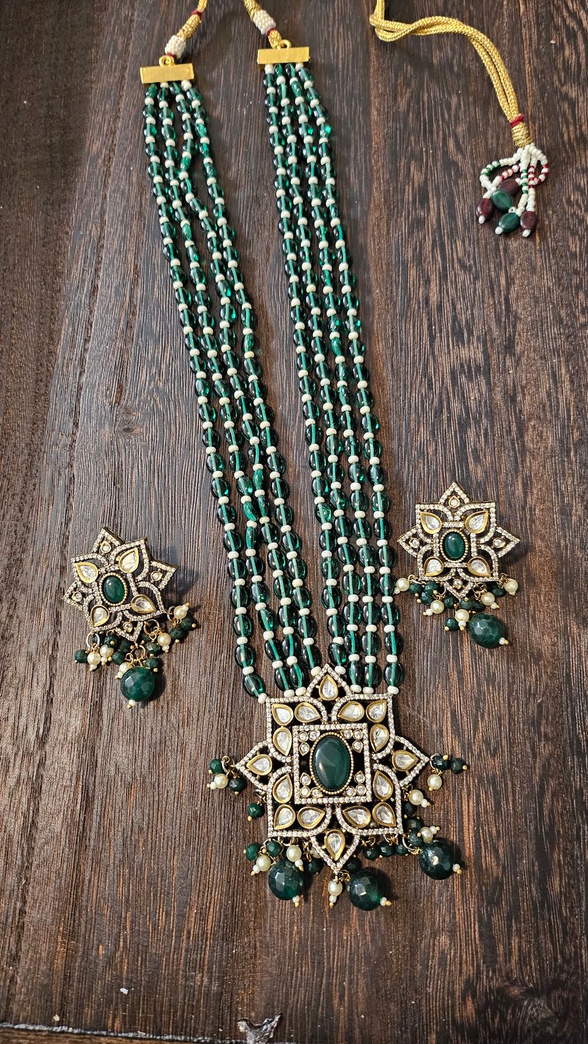 Semi precious Monalisa beads mala set with Victorian Finish Pendent/ Indian Jewlery Set/Party wear set/Dark Green