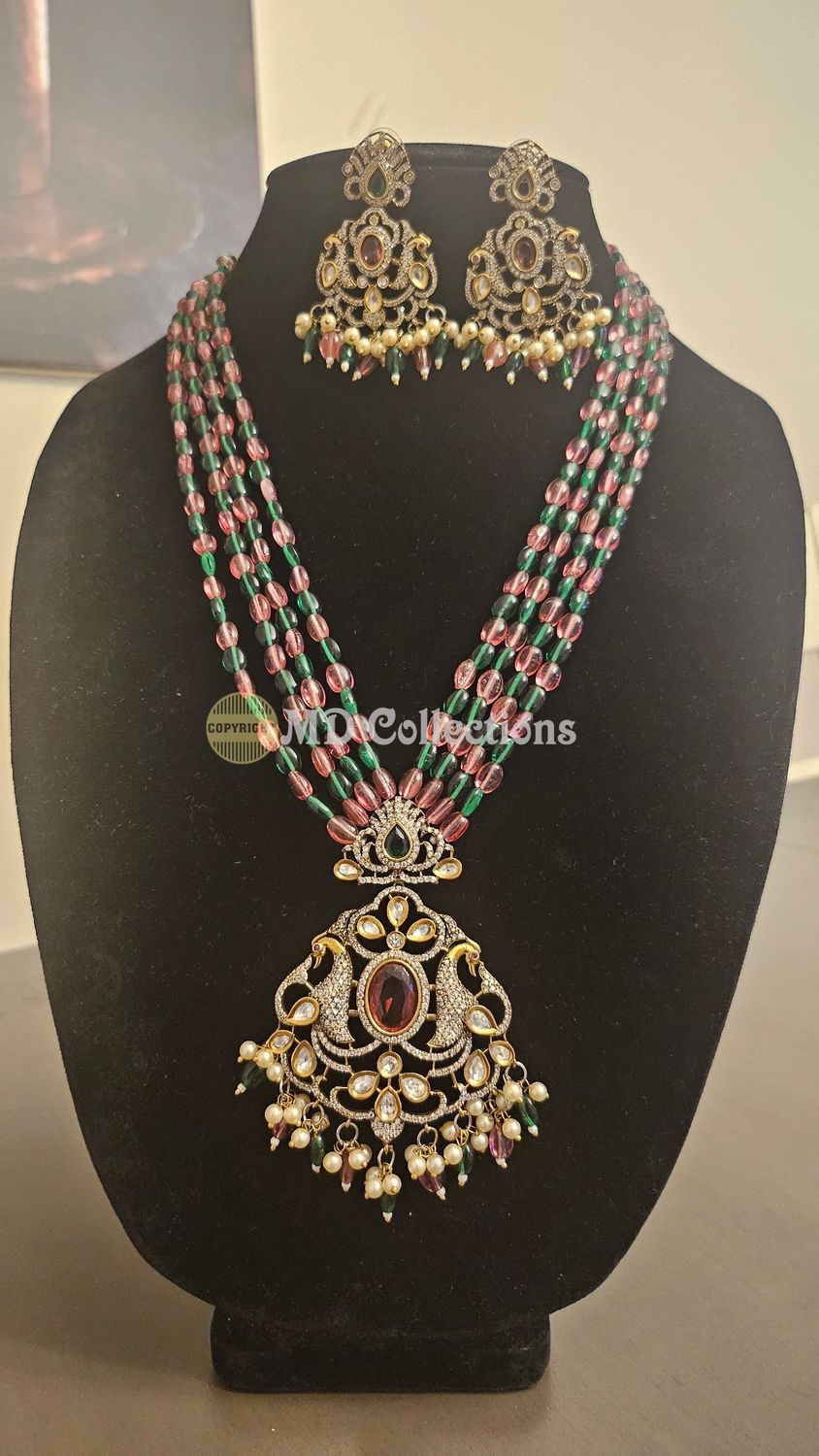 Semi precious Monalisa beads mala set with Victorian Finish Pendent/ Indian Jewlery Set/Party wear set/Pink
