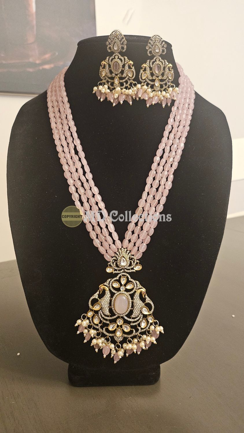 Semi precious Monalisa beads mala set with Victorian Finish Pendent/ Indian Jewlery Set/Party wear set/Pink
