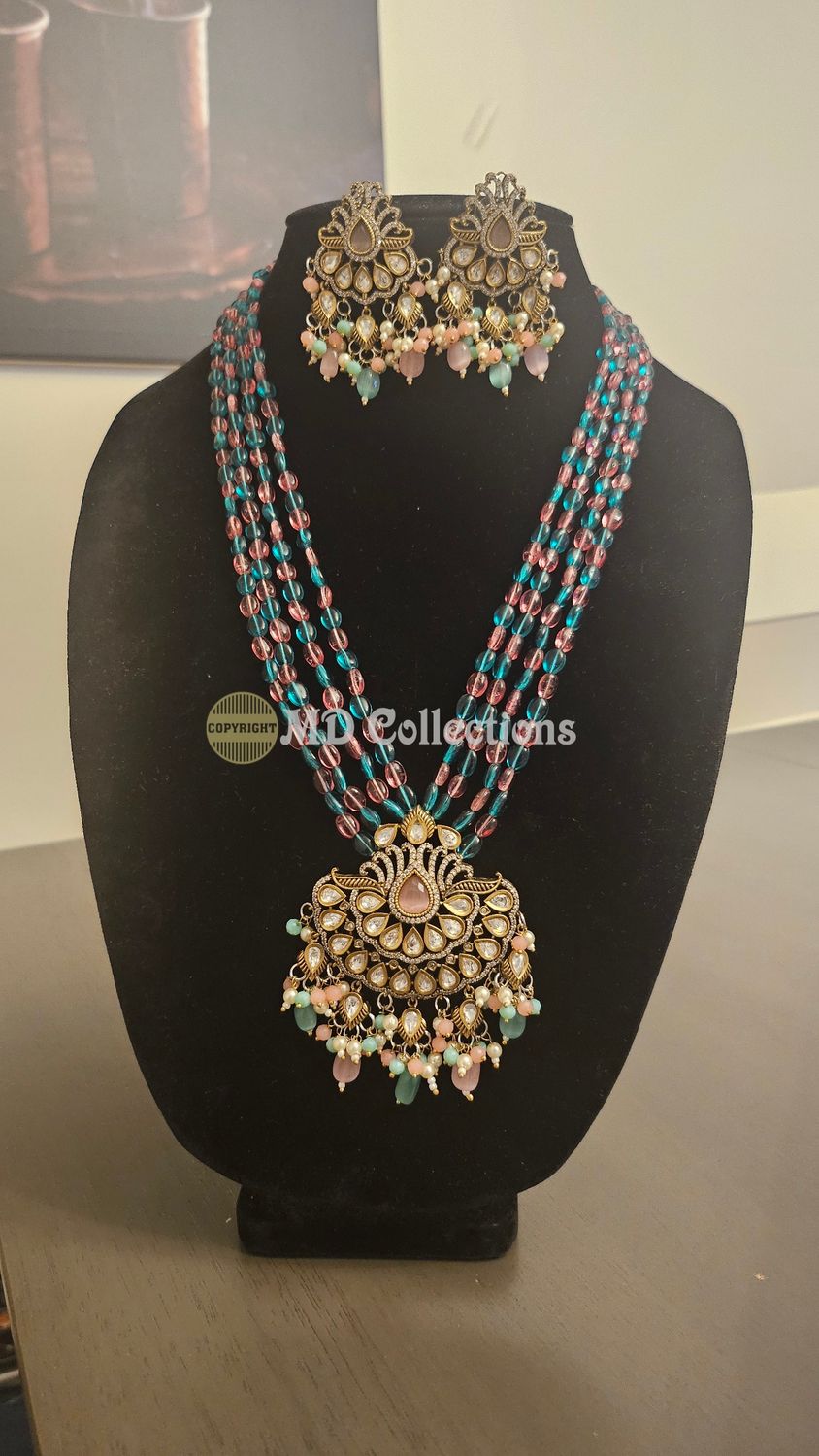 Semi precious Monalisa beads mala set with Victorian Finish Pendent/ Indian Jewlery Set/Party wear set/Pink