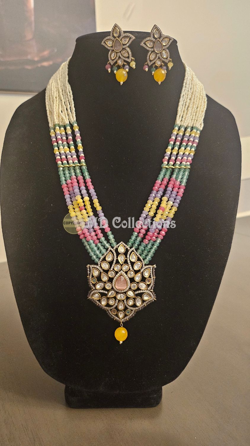 Semi precious Monalisa beads mala set with Victorian Finish Pendent/ Indian Jewlery Set/Party wear set/Pink