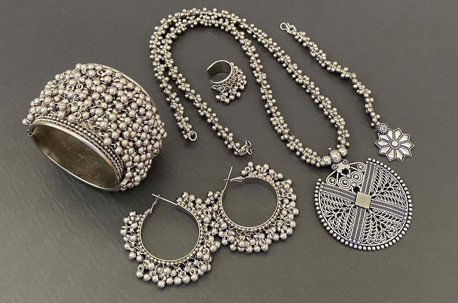 Ghungroo Long Necklace Set Combo- Necklace, Tikka, Earrings, Ring and Kada