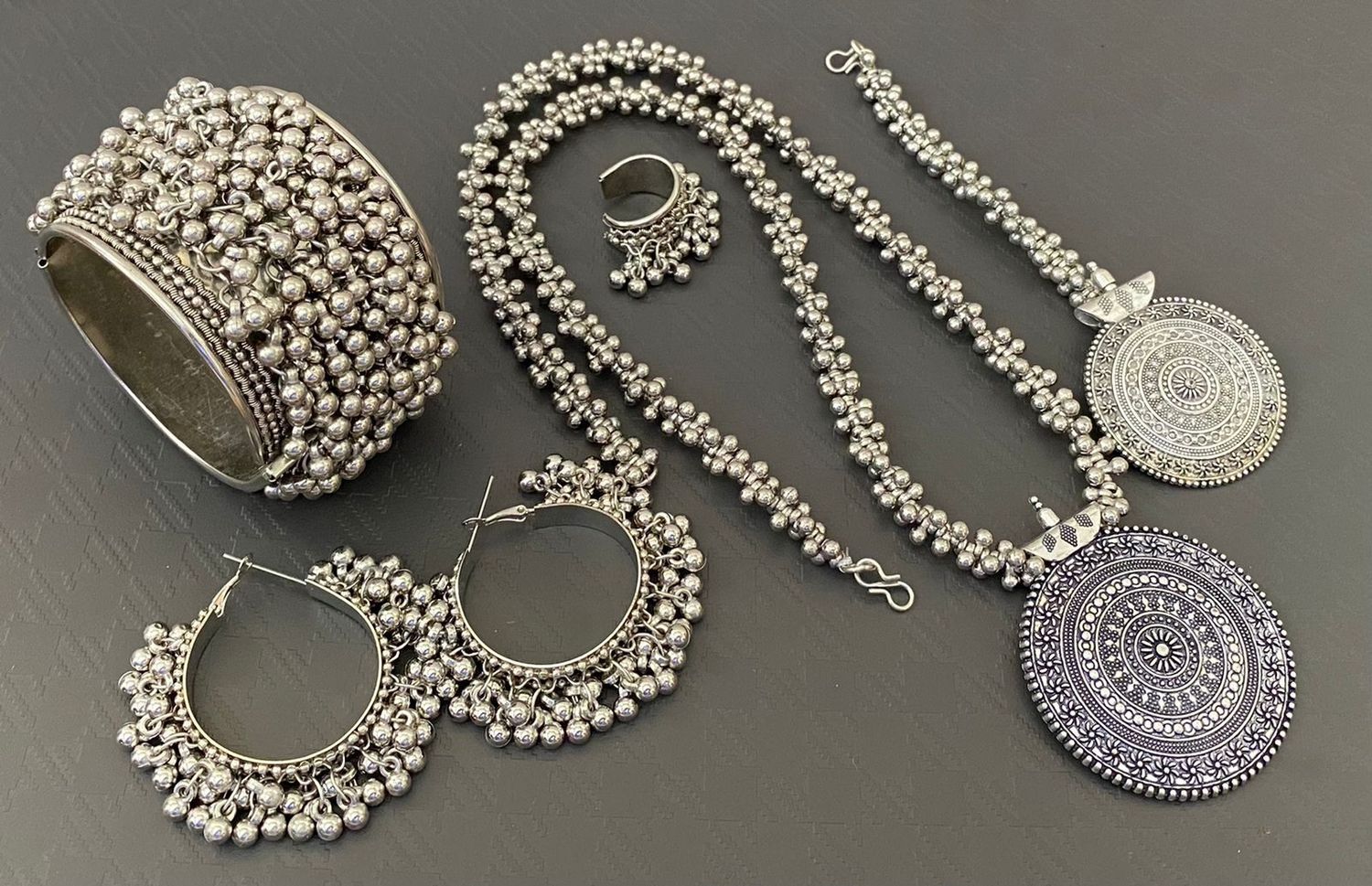 Ghungroo Long Necklace Set Combo- Necklace, Tikka, Earrings, Ring and Kada