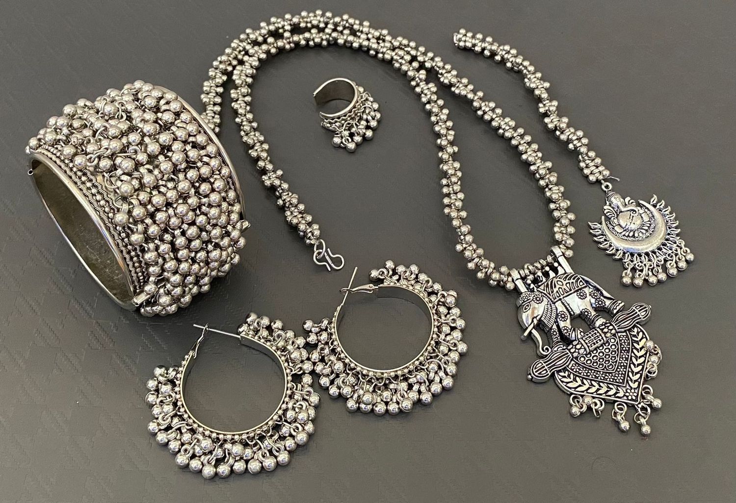 Ghungroo Long Necklace Set Combo- Necklace, Tikka, Earrings, Ring and Kada