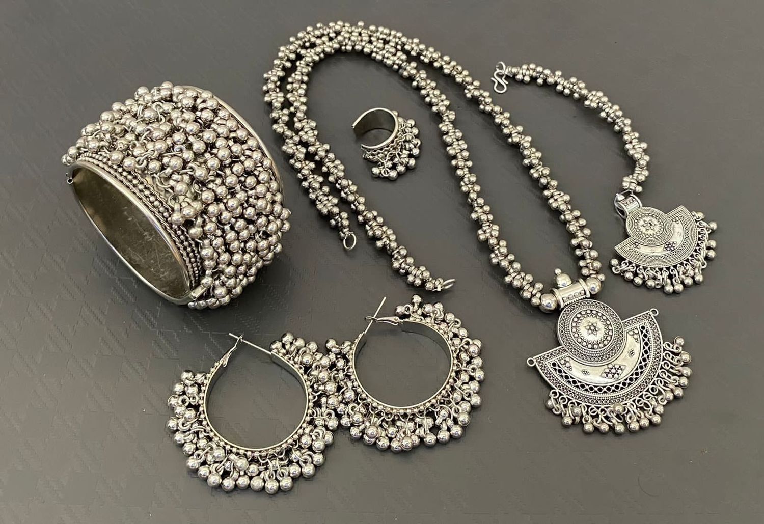 Ghungroo Long Necklace Set Combo- Necklace, Tikka, Earrings, Ring and Kada