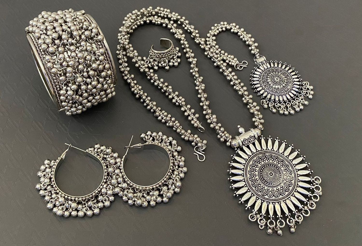 Ghungroo Long Necklace Set Combo- Necklace, Tikka, Earrings, Ring and Kada
