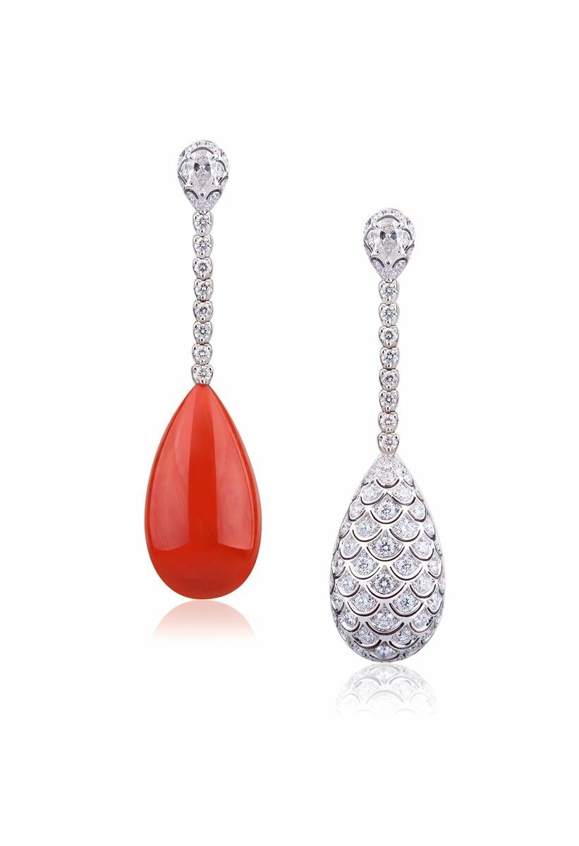 White gold red coral with diamonds