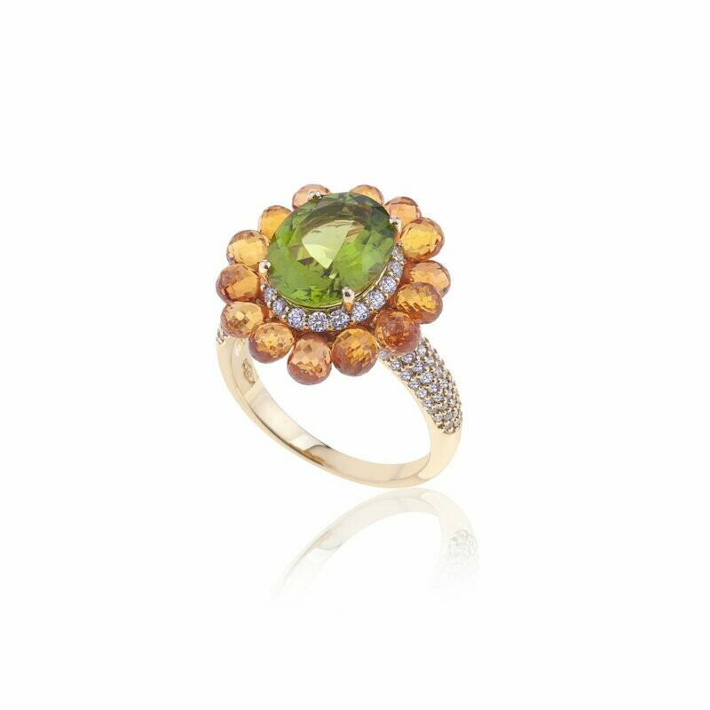 Yellow gold with peridot, orange sapphires and diamonds