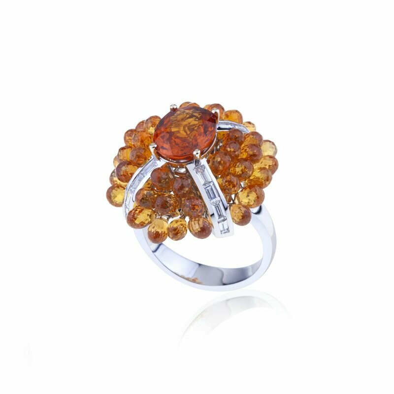 White gold with diamonds, orange sapphires and oval mandarin granat