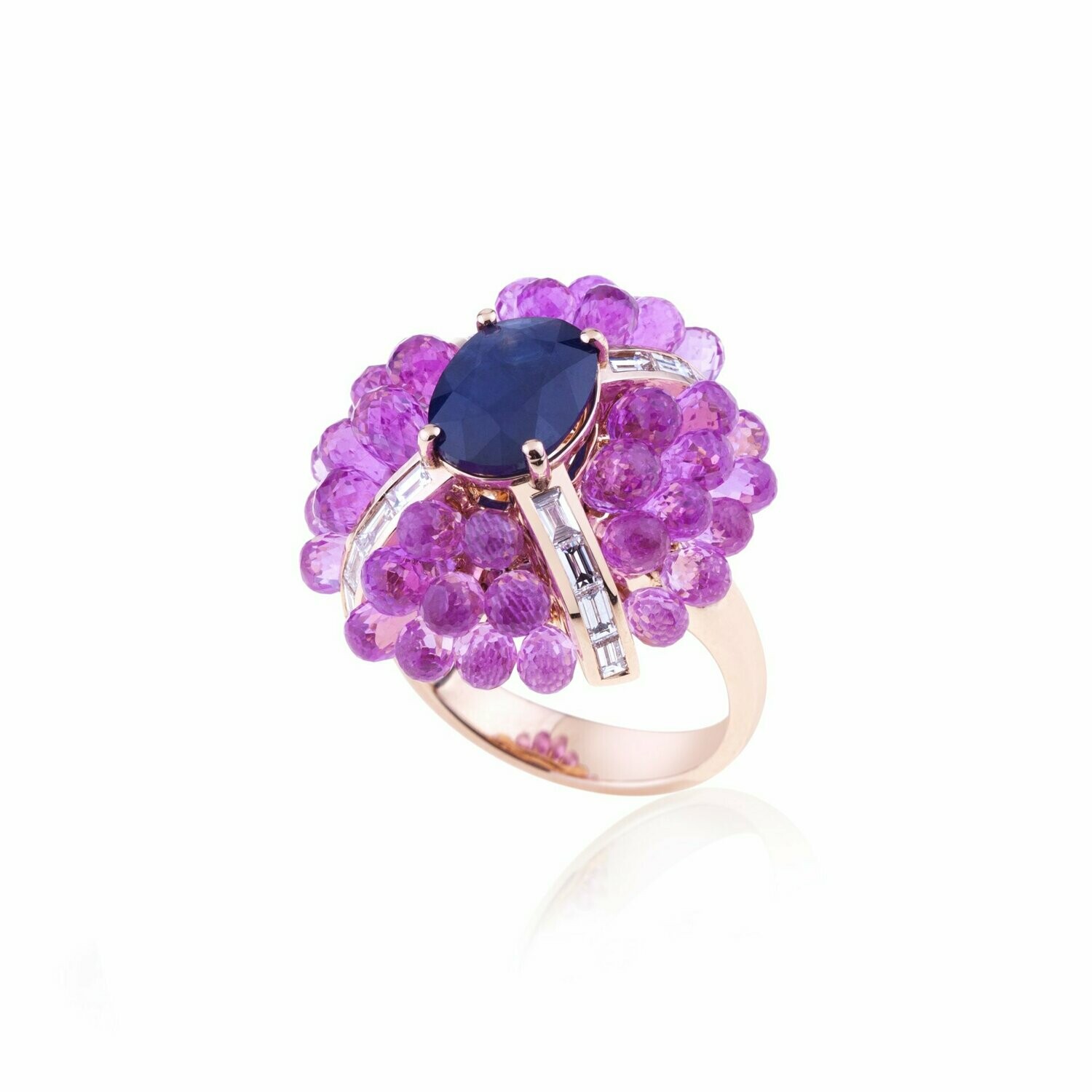 Rose gold with diamonds, pink sapphires and oval blue sapphire