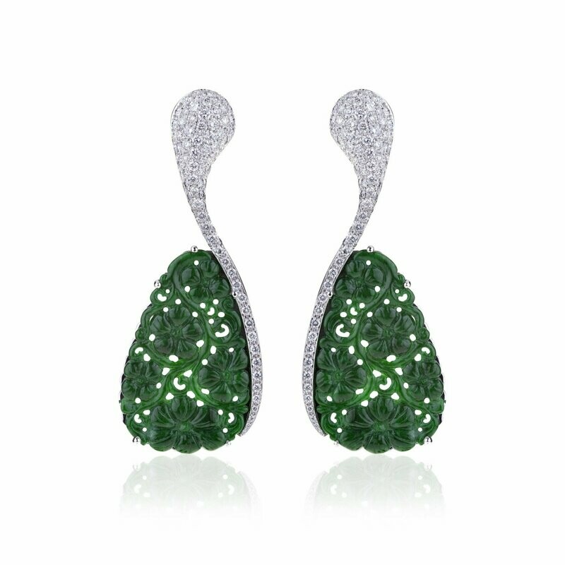 White gold with drop carved green jade and diamonds