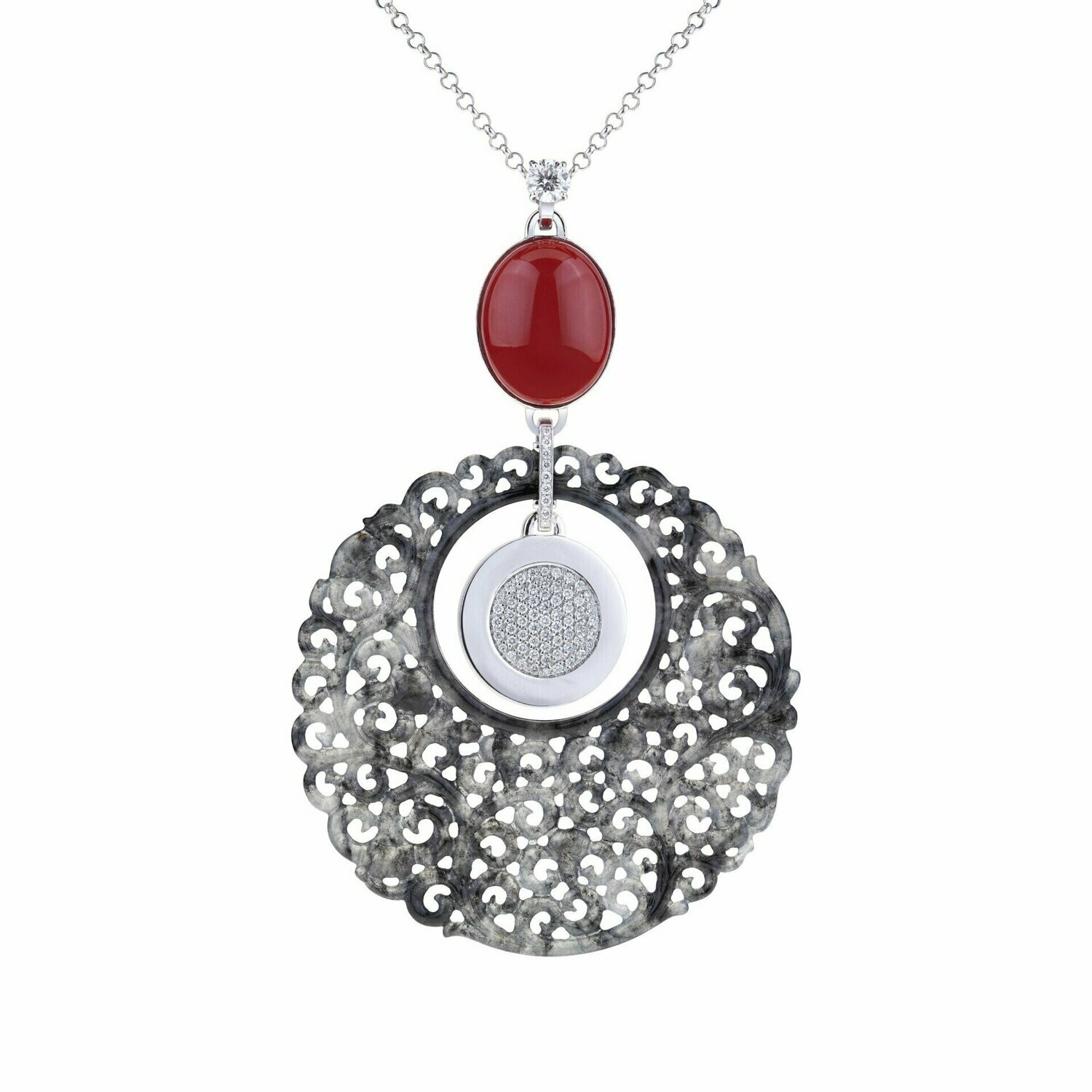 White gold with creola carved black jade, red coral and round diamonds