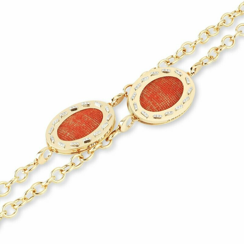 Yellow gold chain with diamonds and orange fabric
