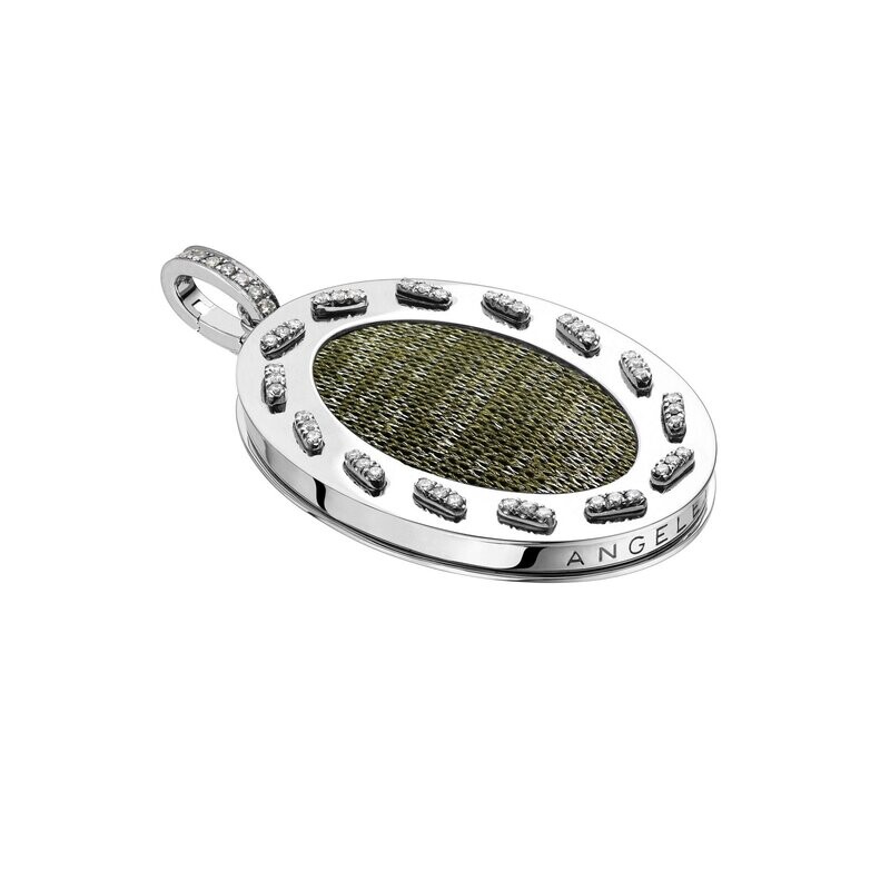 White gold with diamonds and green fabric