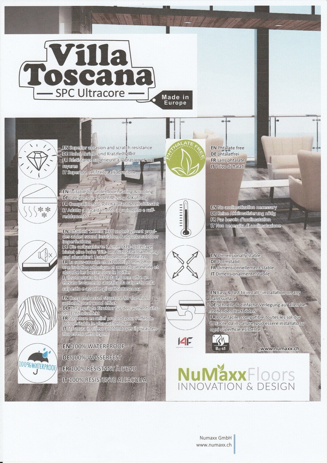 Vinylboden Villa Toscana mit Trittschall 1mm pro 1m² Carrara Nm 2009 Stärke 5mm x 178mm x 1219mm