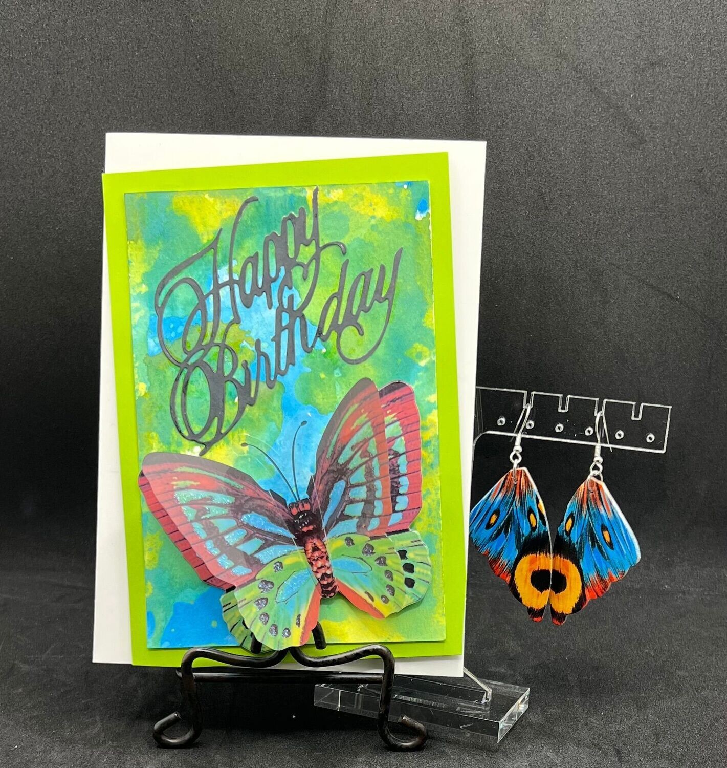 Set - Set - "Happy Birthday- Blue/Green " Card & Earrings