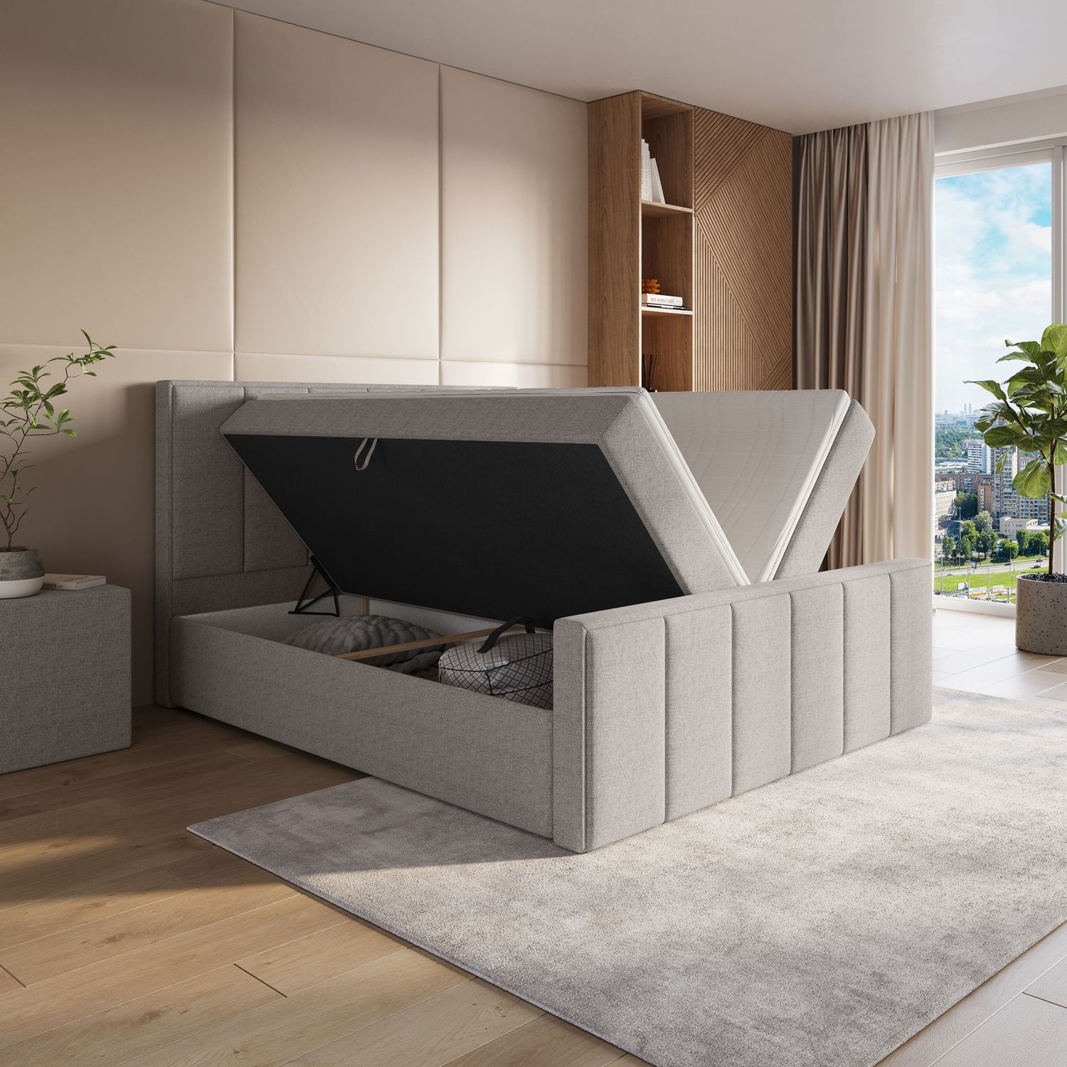 Boxspring met opbergruimte Manhattan +  tijdelijke GRATIS voetenbord