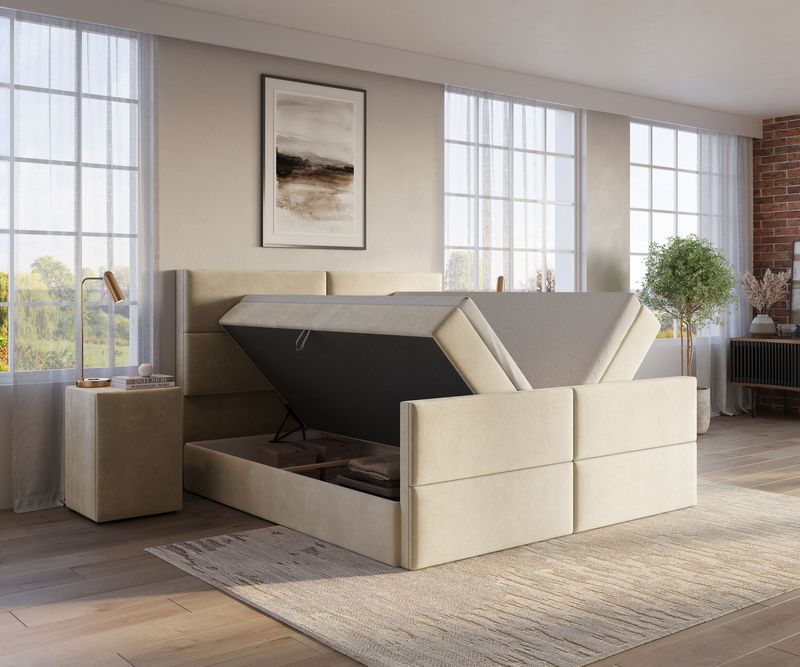 Boxspring met opbergruimte Boston  +  tijdelijke GRATIS voetenbord