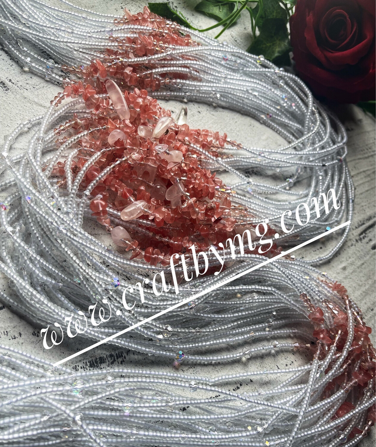 ROSE QUARTZ Waistbeads- White- (Exquisite)