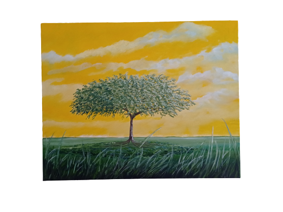 ALBERO DELLA VITA VERDE CON SFONDO GIALLO  - TREE OF LIFE DIPINTO A OLIO