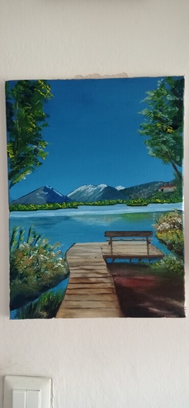 Quadro paesaggio di montagna con lago