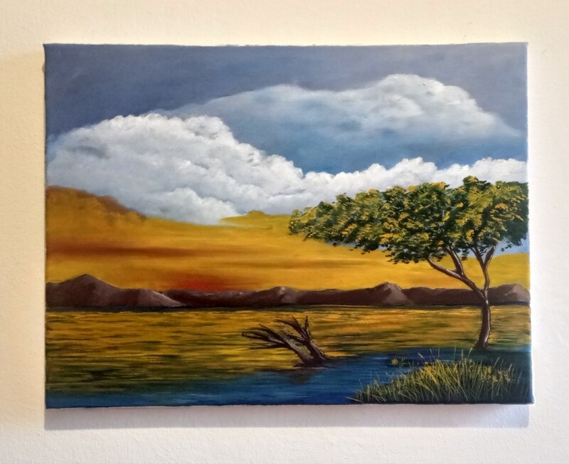 Quadro olio albero della vita con paesaggio