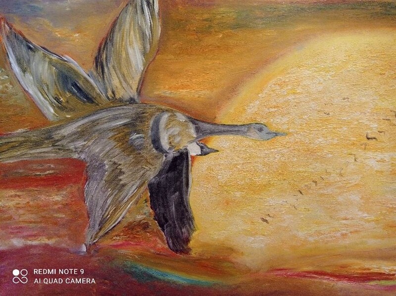 QUADRO OCHE IN VOLO AL TRAMONTO -  DIPINTO A OLIO