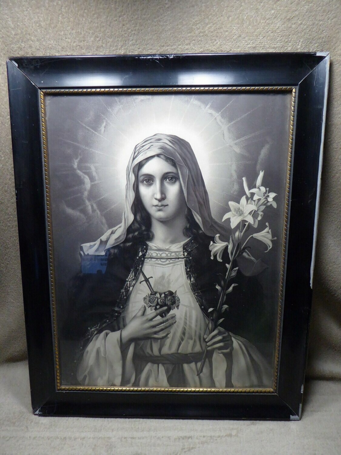Altes Kunstdruck Bild Heilige Maria Lithographie O. Volkel Holzrahmen