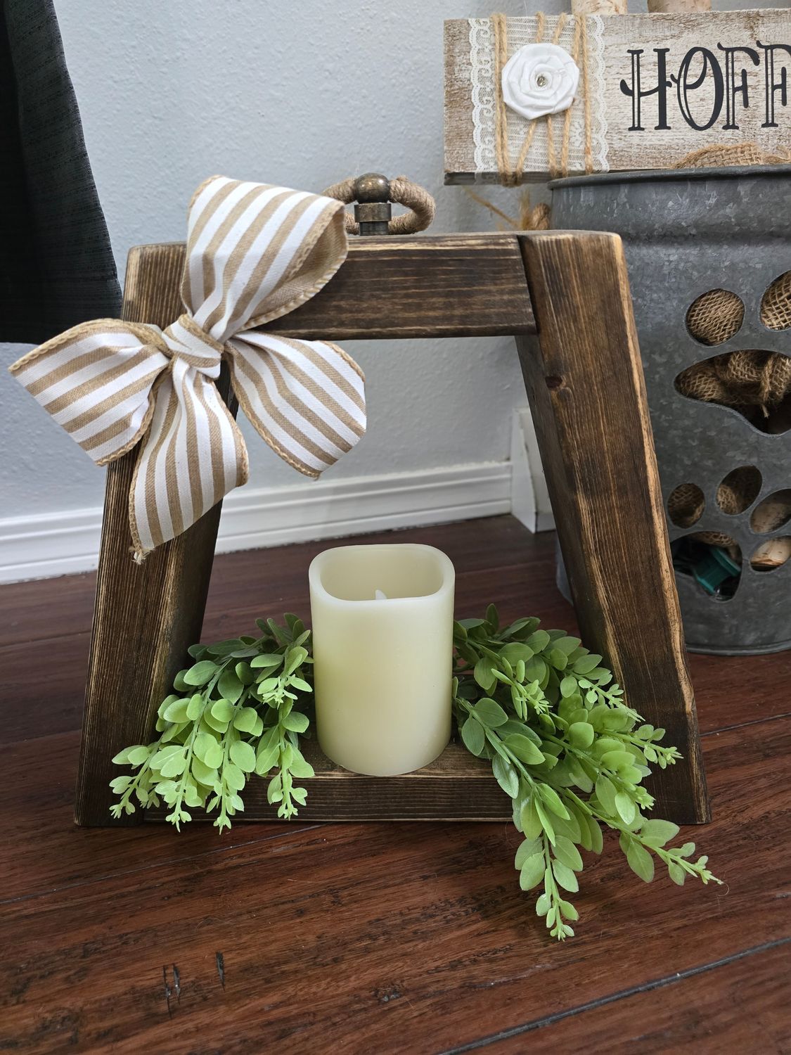 12 inch Dark Walnut Lantern - Burlap Stripe