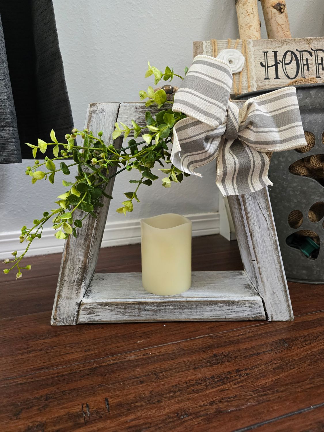 12 inch Whitwash Lantern - Side Greenery