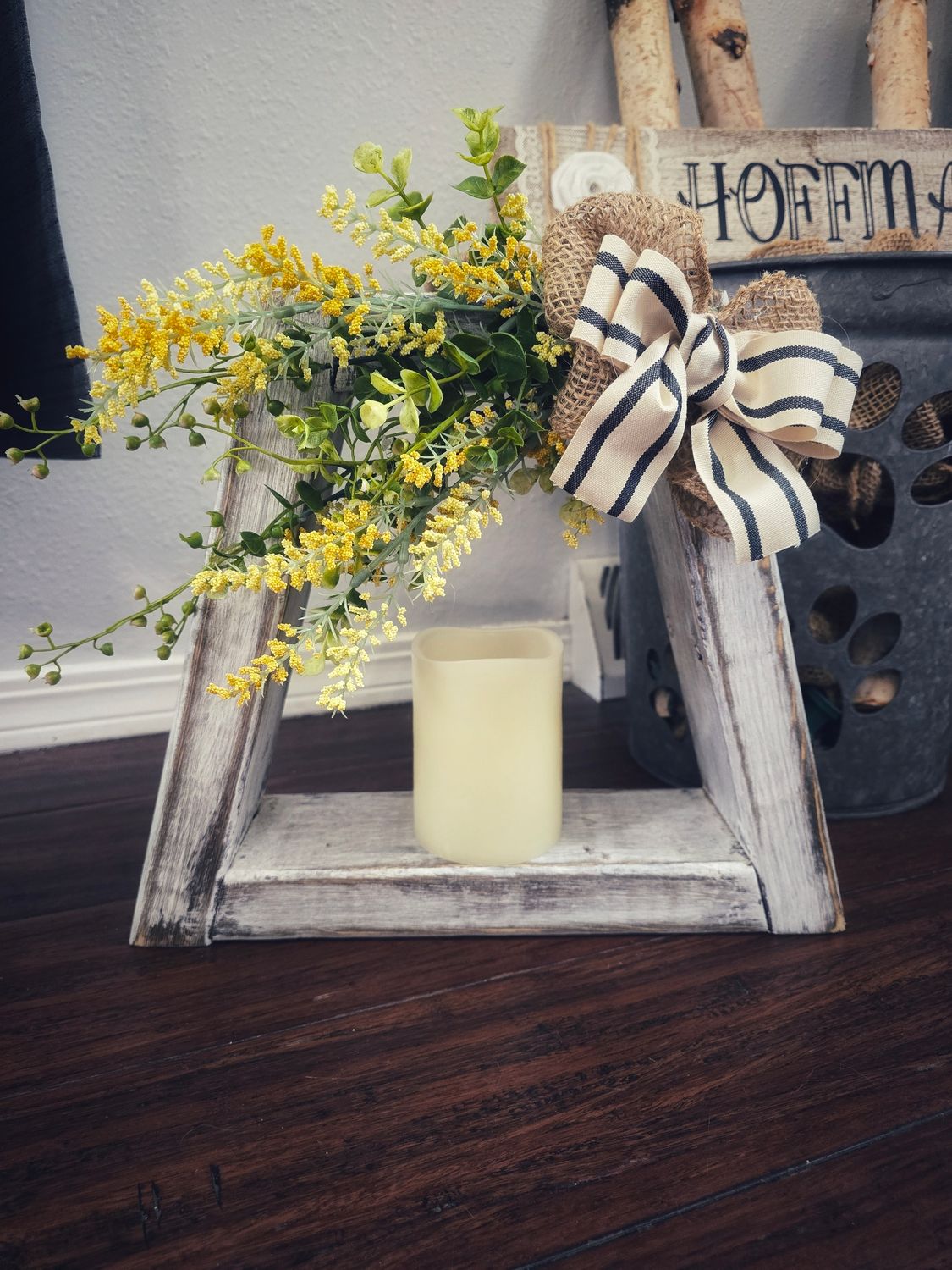 12 inch Whitwash Lantern - Yellow Greenery