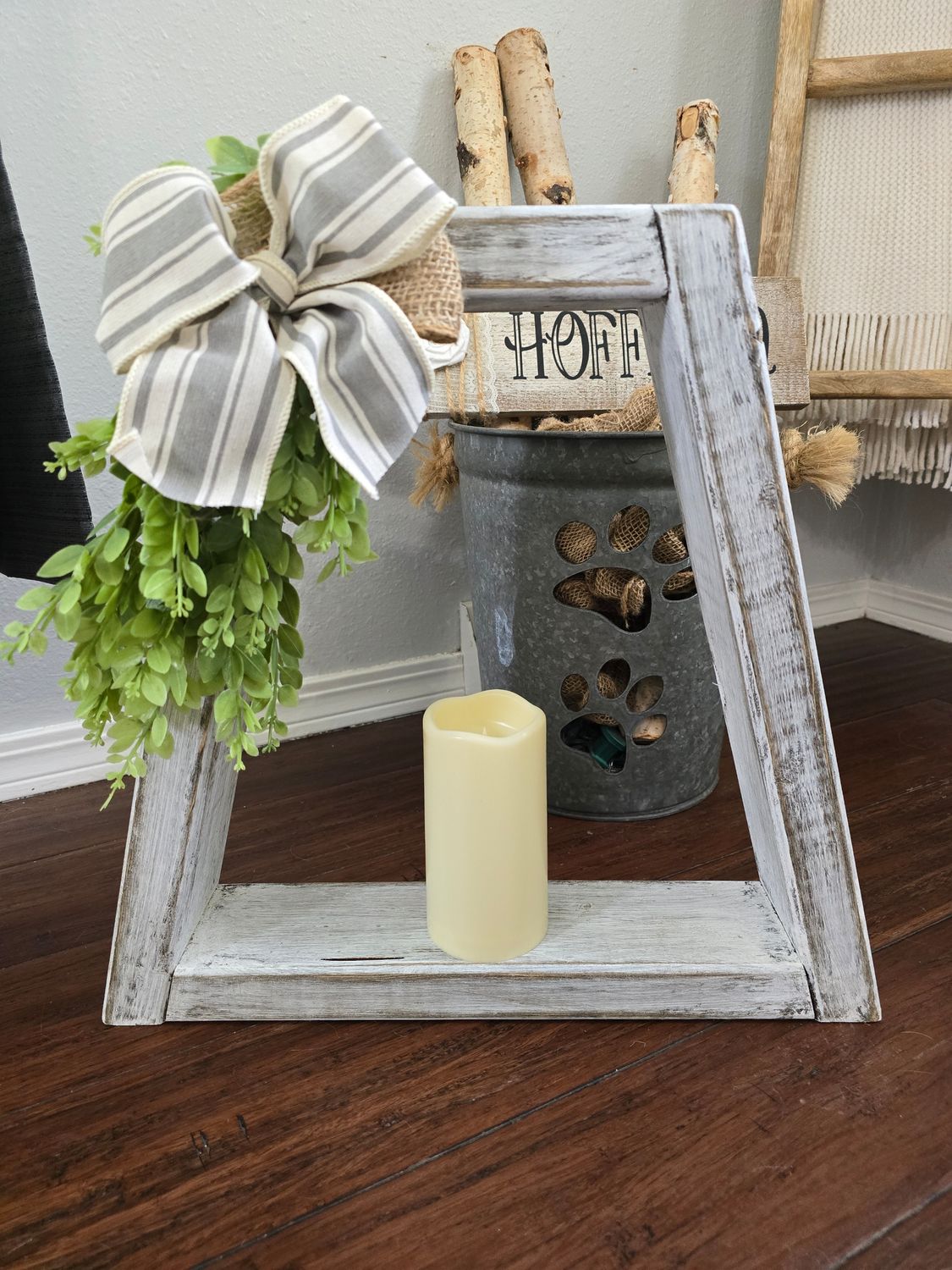 18 inch Whitewashed Lantern - Gray Stripe