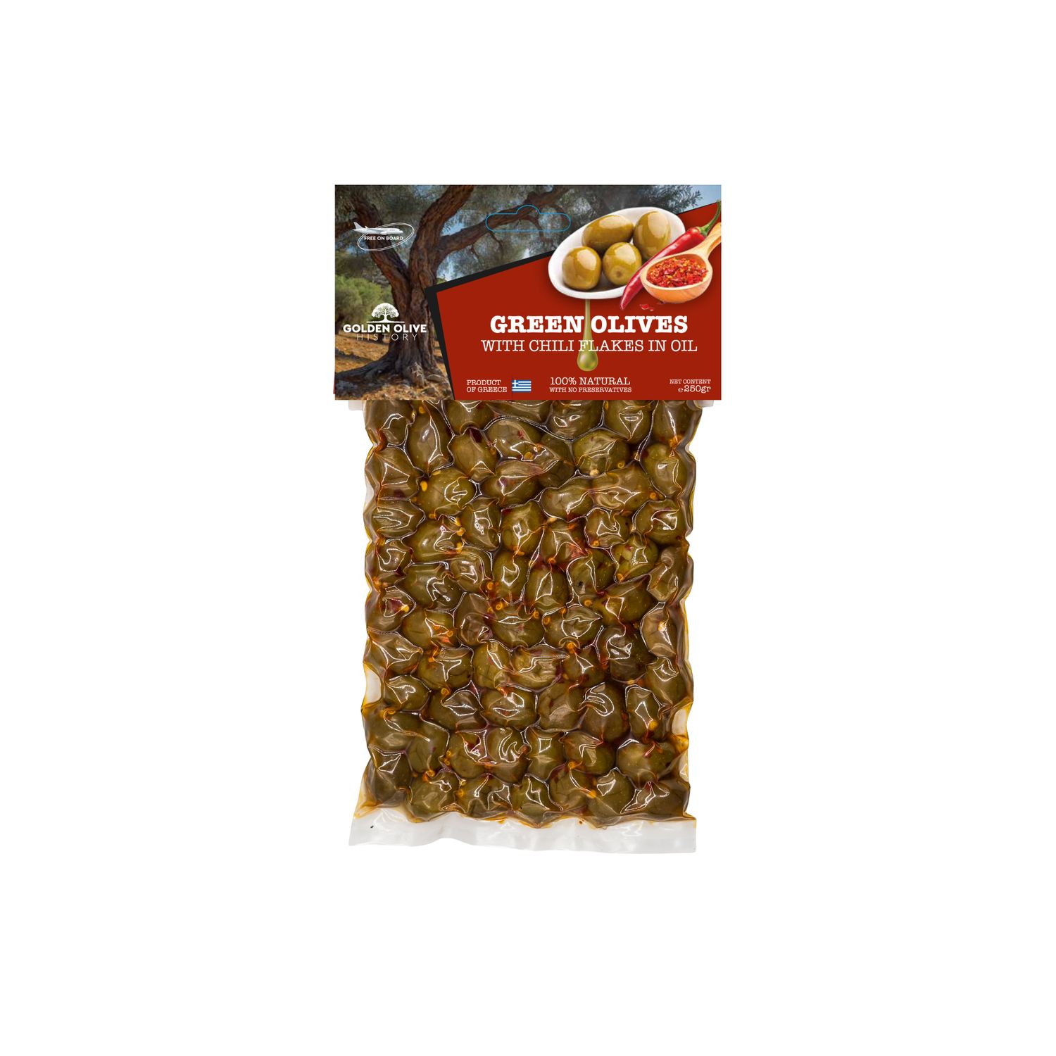 Green Olives with chilli flakes in oil