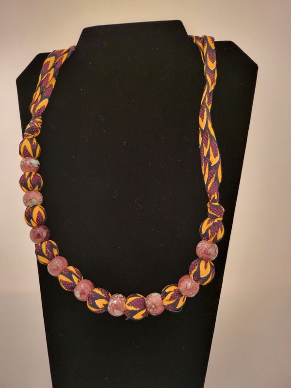 Beaded Fabric Necklace (Yellow/Brown)