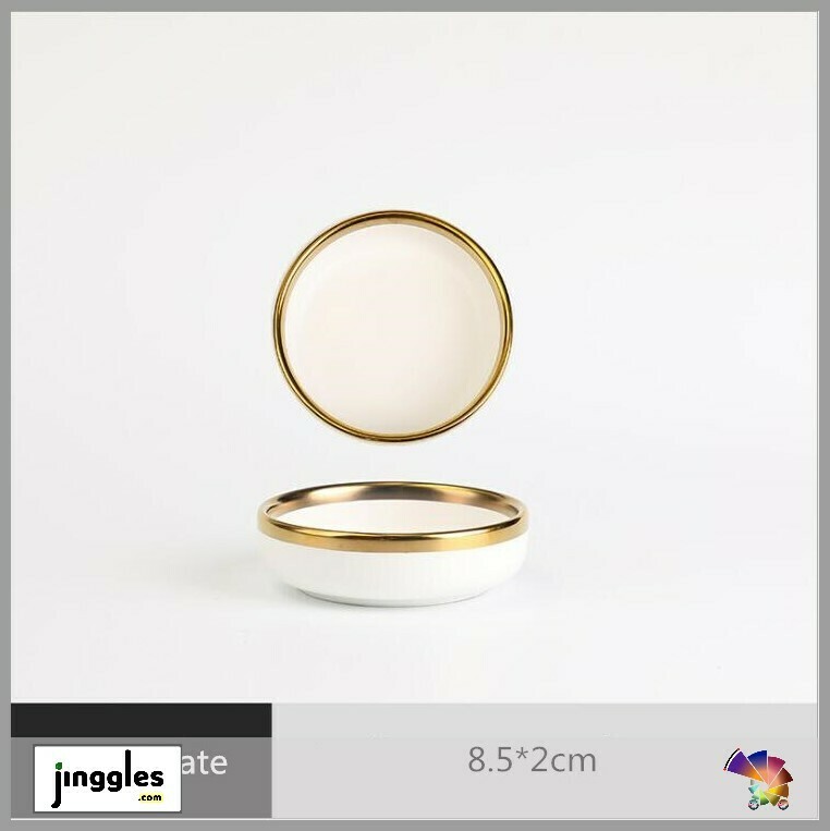 Nordic Style Ceramic Dineware. White and Gold, Dineware Sets: Ceramic Dish Plate. 3.4&quot;