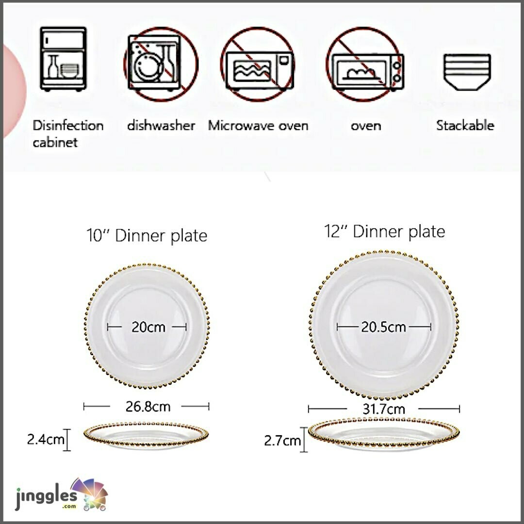 Luxury Gold Beaded Glass Plates. 10&quot; &amp; 12&quot;, Plate Sizes:: 10&quot; Dinner Plate. (26.8x2.4cm)